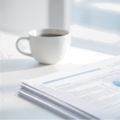 デスクに広がるコーヒーと資料